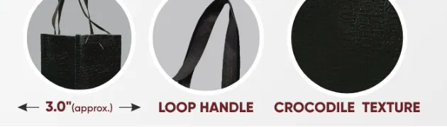 Close-ups of the gusset, handle and texture of Black Mini Crocodile Glossy Bag with Black Handle