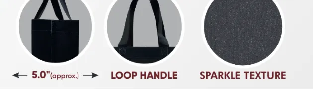 Close-ups of the gusset, handle and texture of Black Medium Sparkle Bag with Black Handle