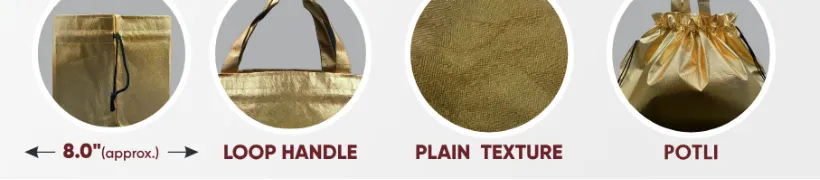 Close-ups of the gusset, handle and texture of Golden Metallic Small Potli Bag with Rassi & Golden Handle