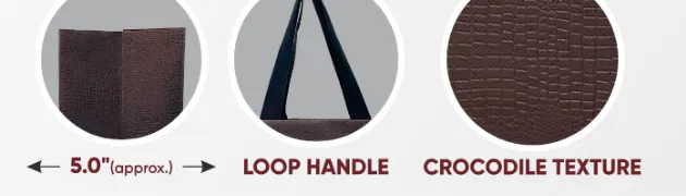 Close-ups of the gusset, handle and texture of Leather Paper Look Medium Brown Bag with Black Handle