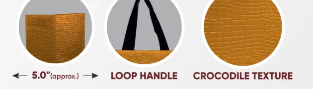 Close-ups of the gusset, handle and texture of Leather Paper Look Medium Gold Bag with Black Handle