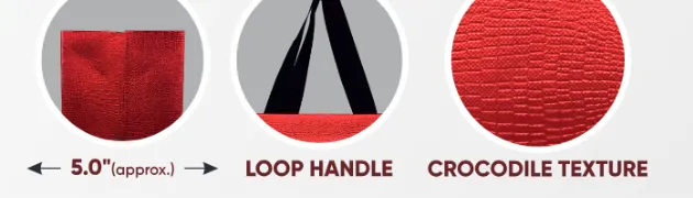 Close-ups of the gusset, handle and texture of Leather Paper Look Medium Red Bag with Black Handle