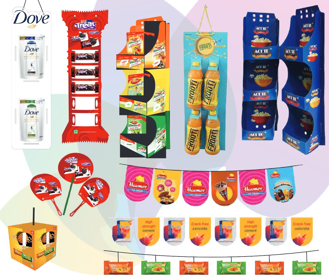 POP displays, shelf strips, danglers and buntings for FMCG brands